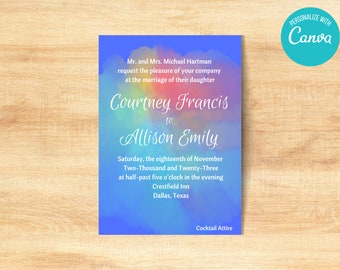 Invitación de boda con acuarela arcoíris: Orgullo LGBTQ (Plantilla de Canva DIY)