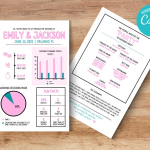 May include: Two wedding program templates with pink and teal accents. One lists wedding details, including the date, names, and a pie chart. The other lists the wedding party. The Canva logo is in the top right corner.
