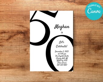 Plantilla de invitación para 50 cumpleaños en blanco y negro (descarga digital)