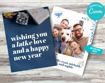 Plantilla de tarjeta familiar de Hanukkah: Tarjeta festiva con foto (descarga digital)