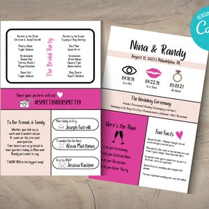 Può includere: Un invito di nozze rosa e bianco con una foto della coppia, la data del matrimonio e i dettagli della cerimonia di nozze. L'invito include anche un elenco della festa di nozze, una sequenza temporale del giorno del matrimonio e curiosità sulla coppia.