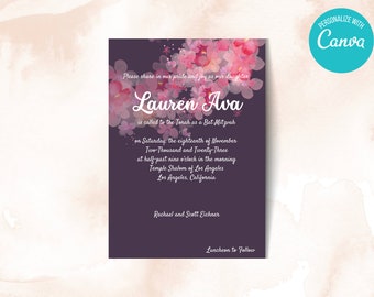 Plantilla de invitación floral abstracta para Bat Mitzvah (descarga digital)