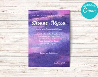 Invitación de Bat Mitzvá con acuarela morada: Caligrafía (Plantilla editable DIY)