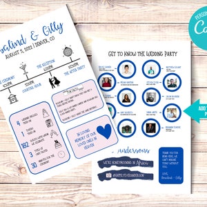 Op de afbeelding: Een huwelijksuitnodiging met een blauw en wit kleurenschema. De uitnodiging bevat de namen Rosalind en Cilly, de datum 5 augustus 2022 en de locatie Denver, CO. De uitnodiging bevat ook een tijdlijn van de gebeurtenissen op de huwelijksdag, inclusief de ceremonie, de cocktailtijd, de receptie en het feest na afloop. De uitnodiging bevat ook een sectie voor gasten om de bruiloftspartij te leren kennen, met foto's van elk lid van de bruiloftspartij. De uitnodiging bevat ook een sectie voor gasten om hun eigen foto's toe te voegen.