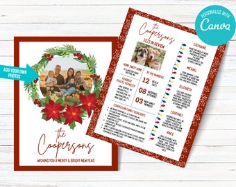 Plantilla de tarjeta navideña con flor de Pascua carmesí: Foto familiar navideña (Canva)