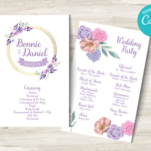 Op de afbeelding: Huwelijksceremonieprogramma met een bloemenontwerp in tinten paars en roze. Het programma bevat de namen Bonnie & Daniel, de datum 04.12.21 en een lijst met de leden van de bruiloftspartij.