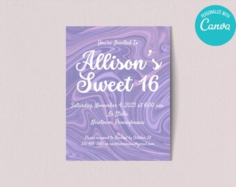 Invitación de quinceañera con efecto tie-dye morado: Tarjeta retro con estilo (imprimible DIY)