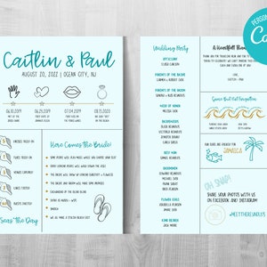Può includere: Un invito di nozze turchese e bianco a tema spiaggia. L'invito presenta una linea temporale della relazione della coppia, un elenco dei membri della festa di nozze e una sezione intitolata "Here Comes the Bride!" con un elenco di tradizioni nuziali. L'invito include anche una sezione intitolata "Gone But Not Forgotten" con una grafica di onde e una palma. L'invito è personalizzato con i nomi della coppia, "Caitlin & Paul", e la data del matrimonio, "August 20, 2022".