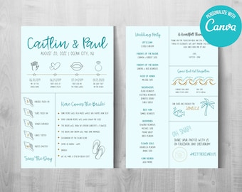 Plantilla de programa de boda bohemia en la playa (con vistas al mar, náutica y tropical) - Descarga instantánea y personalizable