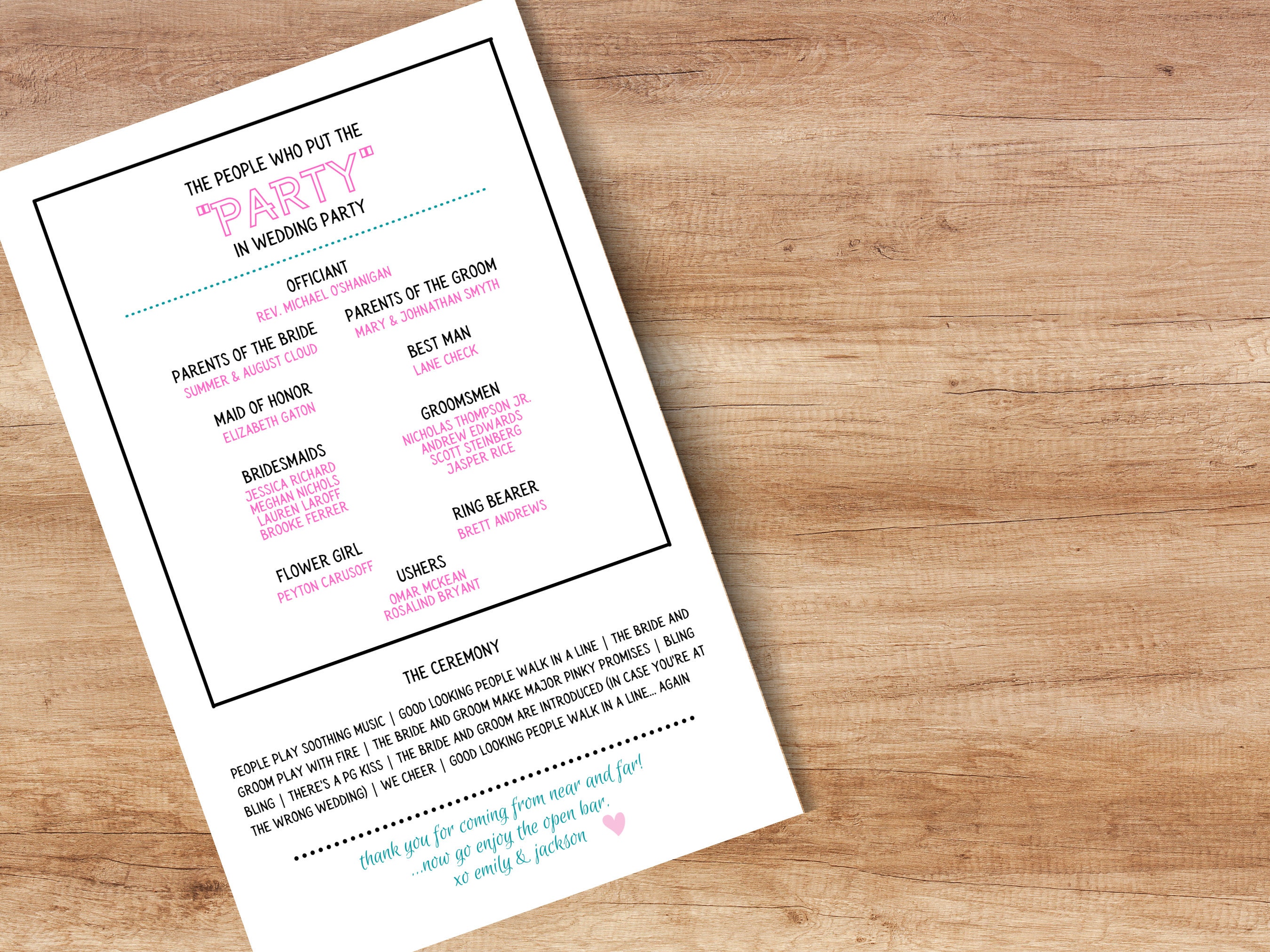 Funny Printable Wedding Programs Pink and Teal Wedding Program Template ...
