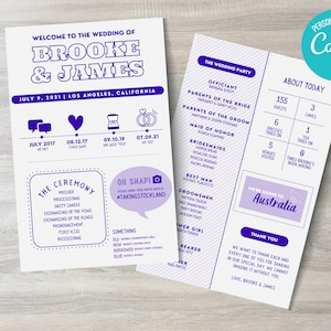 May include: Purple and white wedding invitation with a timeline of events, a list of the wedding party, and details about the ceremony. The invitation includes the couple's names, Brooke and James, and the wedding date, July 9, 2021. The invitation also includes a map of Australia, indicating the couple's honeymoon destination.