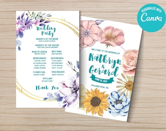 Plantilla de programa floral para boda: Decoración de ceremonia editable (descarga instantánea)