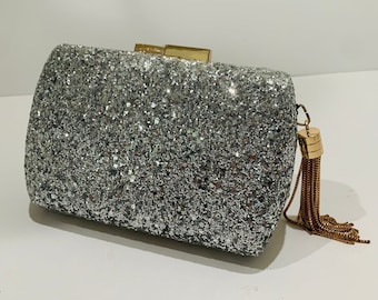 See Me Sparkle Silver Clutch w/Tassel & Crossbody Strap