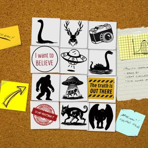 May include: A corkboard displays various illustrations and notes related to conspiracy theories and the paranormal. Images include the Loch Ness Monster, a deer, a camera, a UFO, Bigfoot, and a dog-like creature. Text includes "I want to believe" and "The truth is out there."
