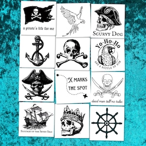 May include: A collection of pirate-themed square stickers with black and white illustrations. Designs include a skull and crossbones, a parrot, an anchor, a pirate ship, and text such as "Scurvy Dog" and "X marks the spot."