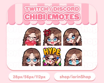 茶色の巻き毛 / 眼鏡 / 青い目 / 明るい肌 | Twitch Emotes Set | Twitch - Discord - Streamer | かわいい - アニメ - ちび