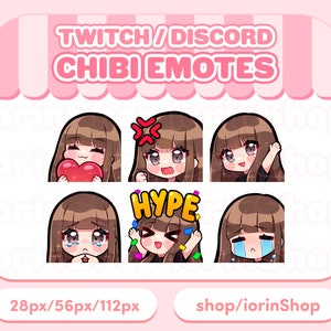 以下が含まれることがあります： 茶色の髪の毛を持つ6つのチビ絵文字のセットで、さまざまな感情を表しています。「TWITCH / DISCORD CHIBI EMOTES」と「HYPE」の文字が含まれています。「28px/56px/112px」と「shop/iorinShop」の文字も含まれています。