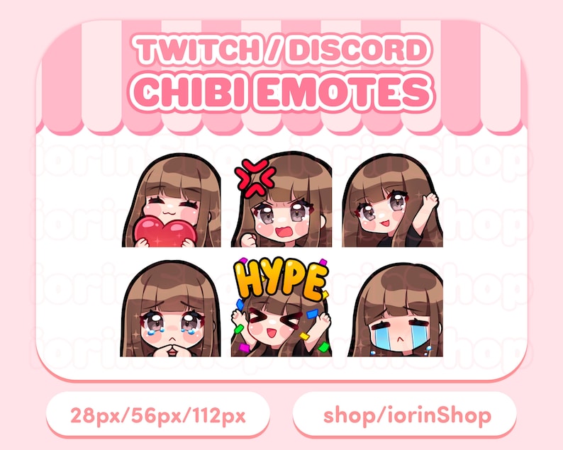 以下が含まれることがあります： 茶色の髪の毛を持つ6つのチビ絵文字のセットで、さまざまな感情を表しています。「TWITCH / DISCORD CHIBI EMOTES」と「HYPE」の文字が含まれています。「28px/56px/112px」と「shop/iorinShop」の文字も含まれています。