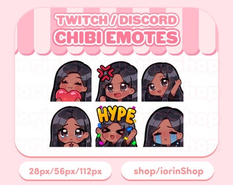 Black hair / dark skin | Twitch Emotes Set | Twitch - Discord - Streamer | Kawaii - Anime - Chibi