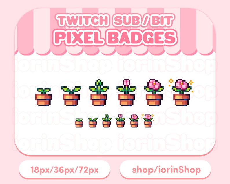Puede incluir: Un conjunto de insignias de arte de p&iacute;xeles que presentan una flor rosa en una maceta, en varios tama&ntilde;os. Las insignias est&aacute;n dise&ntilde;adas para que los streamers de Twitch recompensen a los suscriptores y espectadores. El texto "TWITCH SUB/BIT PIXEL BADGES" est&aacute; en la parte superior de la imagen. El texto "18px/36px/72px" est&aacute; en la parte inferior izquierda de la imagen. El texto "shop/iorinShop" est&aacute; en la parte inferior derecha de la imagen.