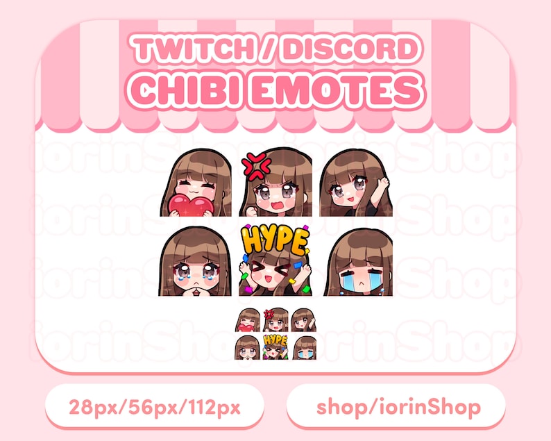 以下が含まれることがあります： ピンク色のグラフィックで、「TWITCH / DISCORD CHIBI EMOTES」の文字の上に、様々な表情のちびキャラ風絵文字が描かれています。ハートを持ったり、怒ったり、泣いたりする表情があります。画像には「28px/56px/112px」と「shop/iorinShop」の文字も含まれています。