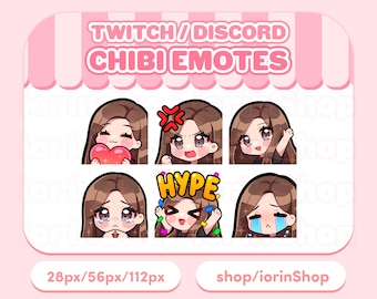 茶色の髪 / 明るい肌 | Twitch エモート セット | Twitch - Discord - ストリーマー | かわいい - アニメ - ちび