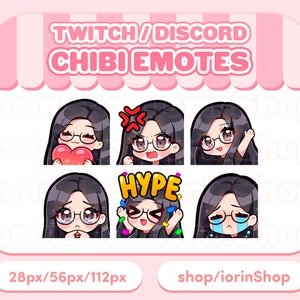 黒髪 / 眼鏡 / 明るい肌 | Twitch エモート セット | Twitch - Discord - ストリーマー | かわいい - アニメ - ちび