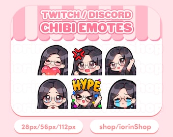 Cabello negro / gafas / piel clara / Twitch Emotes Set / Twitch - Discord - Streamer / Kawaii - Anime - Chibi