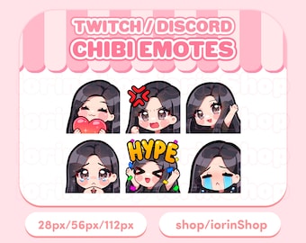 Cabello negro / piel clara / Twitch Emotes Set / Twitch - Discord - Streamer / Kawaii - Anime - Chibi