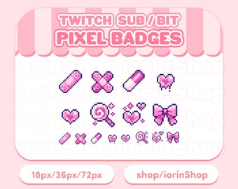 8 Lindas Insignias Rosas / Twitch - Sub - Lealtad - Bit / Pixel art - Lindo - Kawaii - Menhera - Estética - Espeluznante - 8-Bit