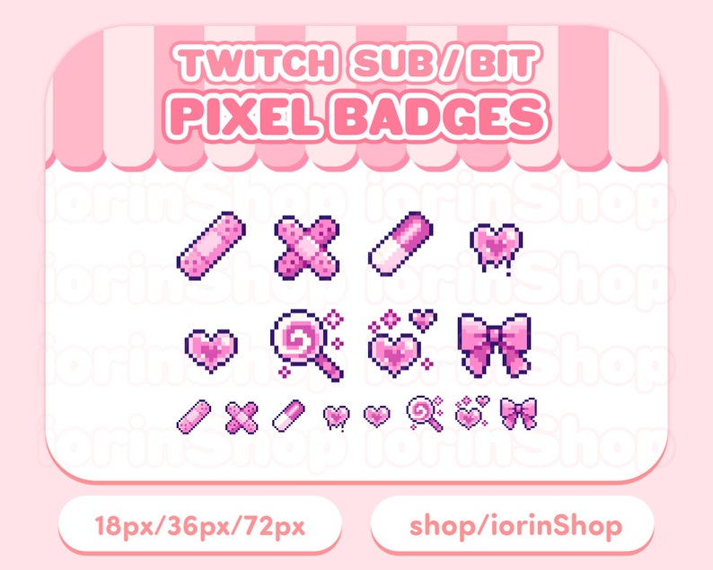 K&ouml;nnte beinhalten: Ein Satz rosa Pixel-Art-Abzeichen f&uuml;r Twitch mit Herzen, Verb&auml;nden, einem Lollipop und einer Schleife. Die Abzeichen sind in drei Gr&ouml;&szlig;en erh&auml;ltlich: 18px, 36px und 72px. Der Text "TWITCH SUB/BIT PIXEL BADGES" und "shop/iorinShop" ist ebenfalls im Bild enthalten.