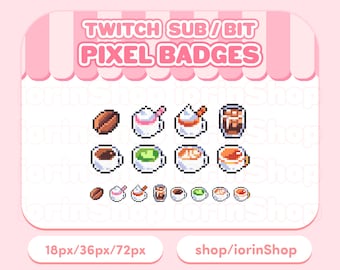 Insignias de café y té / Twitch - Sub - Lealtad - Bit / Pixel art - Lindo - Kawaii - Estética - Café - 8-Bit