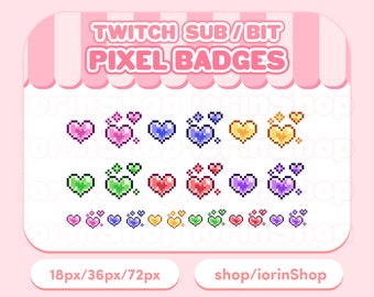 Insignias de corazón de arco iris de colores / Twitch - Sub - Lealtad - Bit / Pixel art - Estética- Lindo - Kawaii - 8-Bit
