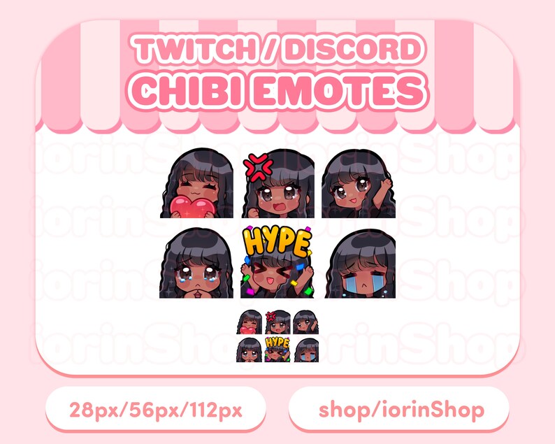 Puede incluir: Conjunto de ocho emoticonos animados de Twitch y Discord que representan a una mujer de piel morena con cabello negro en varias expresiones. Los emoticonos son de estilo chibi e incluyen expresiones como "Hype", "Amor" y "Triste".