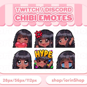 Puede incluir: Conjunto de seis emoticonos animados de Twitch y Discord que representan a un personaje de dibujos animados con cabello casta&ntilde;o y diferentes expresiones. Los emoticonos incluyen un coraz&oacute;n, enojado, feliz, hype, triste y llorando.