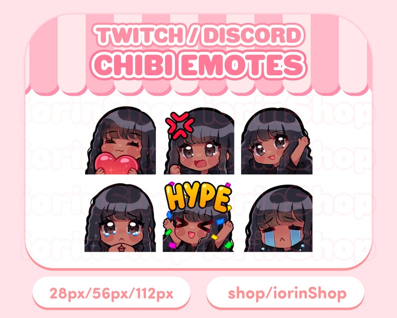 Puede incluir: Conjunto de seis emoticonos animados de Twitch y Discord que representan a un personaje de dibujos animados con cabello casta&ntilde;o y diferentes expresiones. Los emoticonos incluyen un coraz&oacute;n, enojado, feliz, hype, triste y llorando.