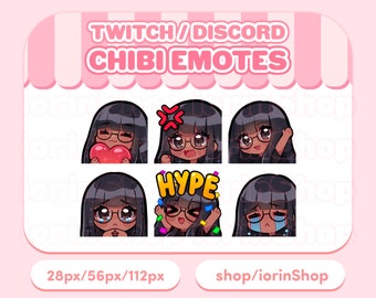Black hair / glasses / bangs / dark skin | Twitch Emotes Set | Twitch - Discord - Streamer | Kawaii - Anime - Chibi
