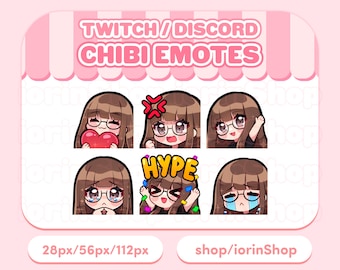 茶色の髪 / 眼鏡 / 前髪 / 明るい肌 | Twitch Emotes Set | Twitch - Discord - Streamer | かわいい - アニメ - ちび