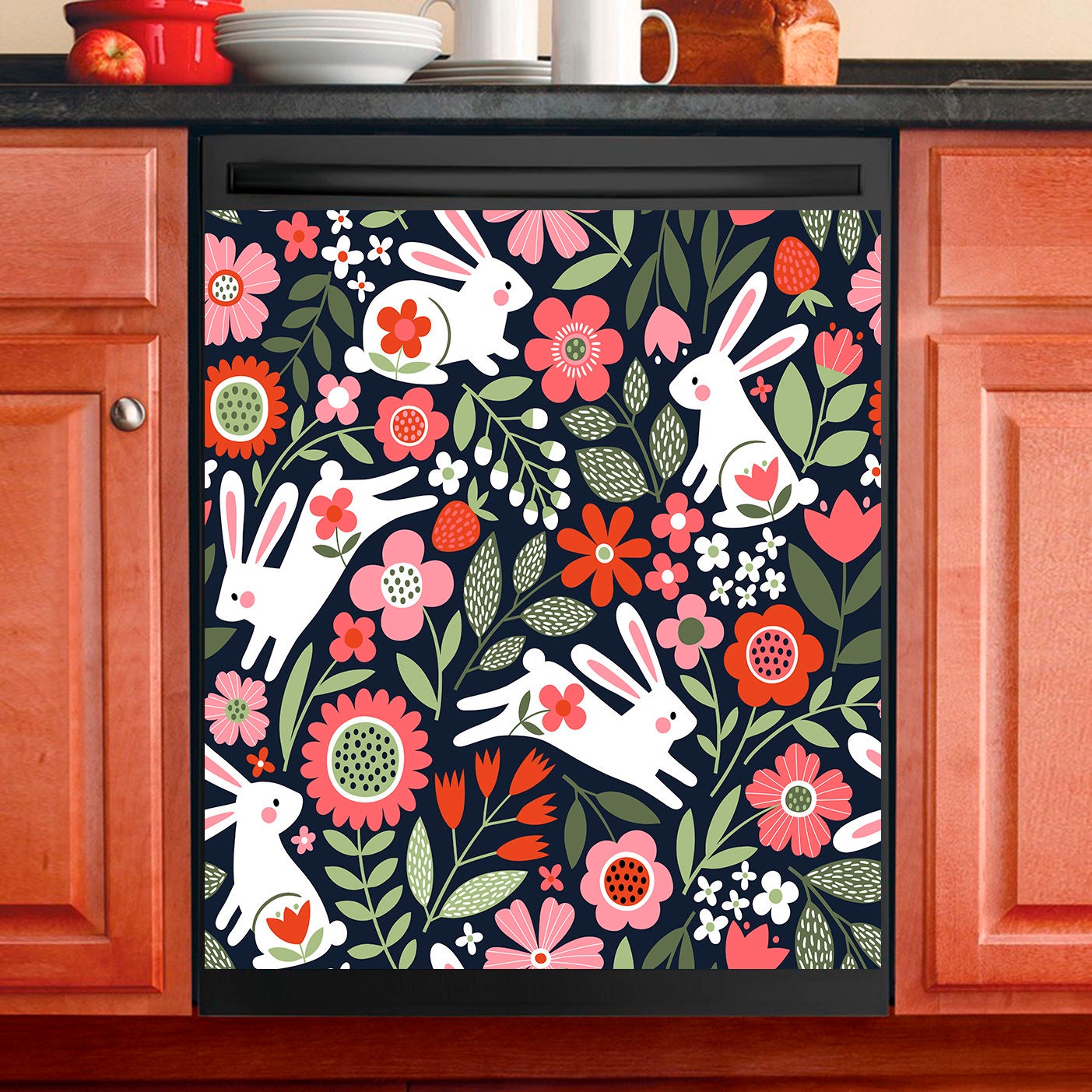 Kitchen Decor Dishwasher Magnet Cover Scandinavian Folk Art Bunny