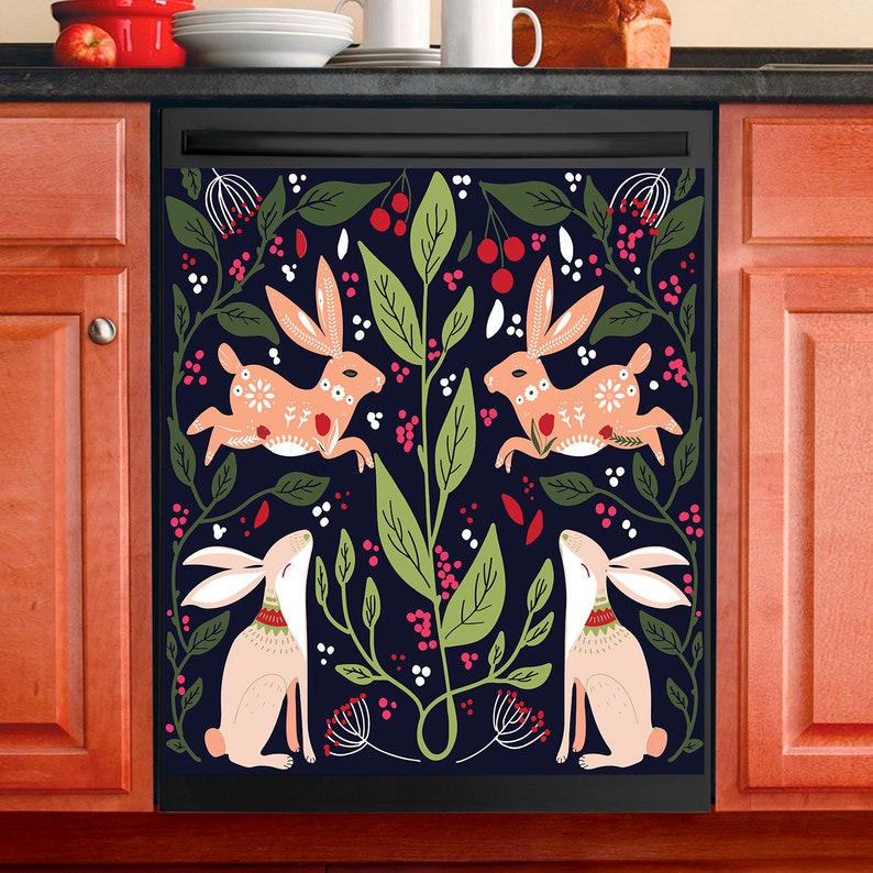 Kitchen Decor Dishwasher Magnet Cover Scandinavian Folk Art Bunny 