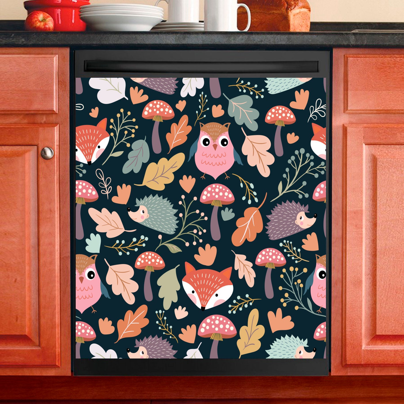 Décor de Cuisine Lave-Vaisselle Magnet Cover Autumn Pattern Owl Fox Hérisson