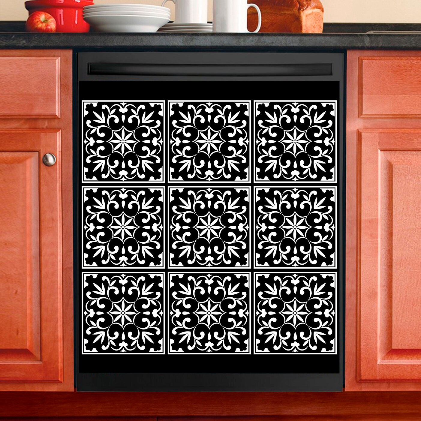 Décor de Cuisine Lave-Vaisselle Magnet Cover Beau Motif Marocain Noir & Blanc