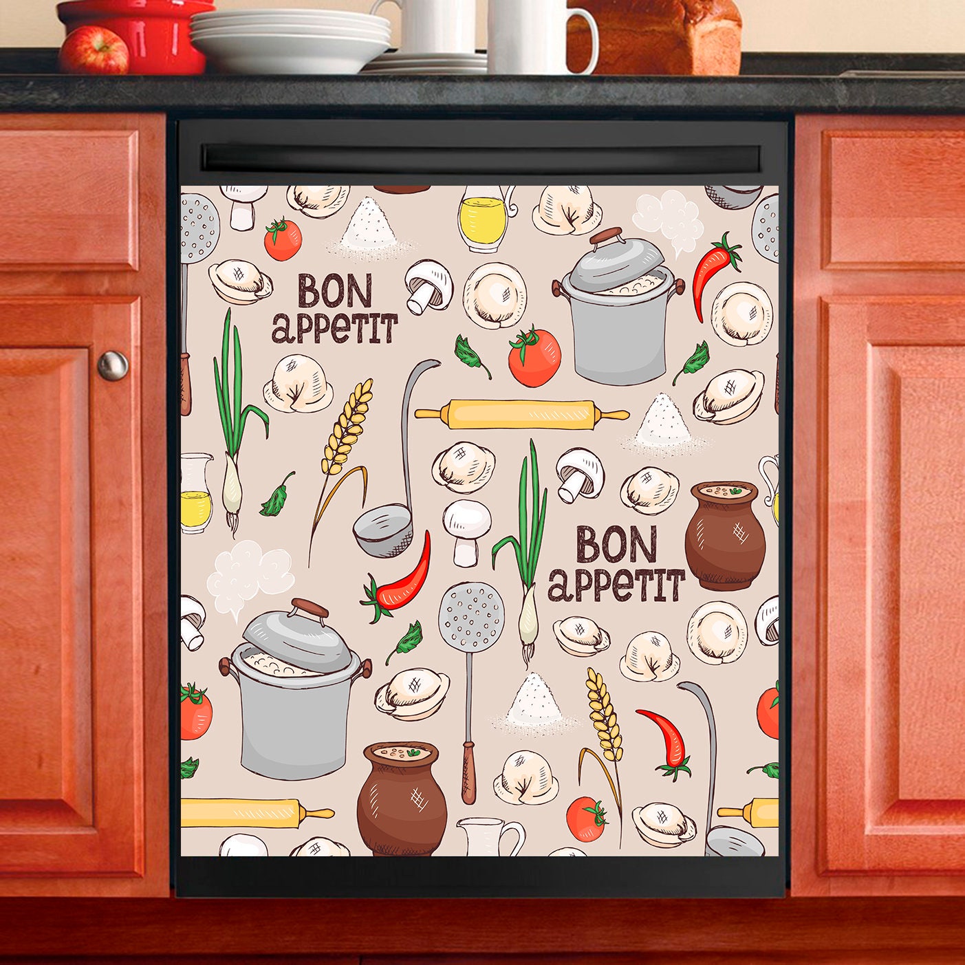 Décoration de Cuisine Lave-Vaisselle Magnet Cover Bon Appetit Pattern Icônes Cuisson