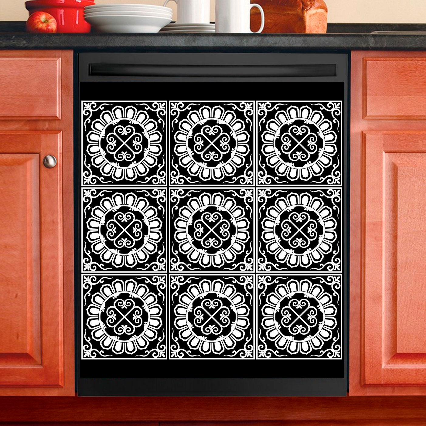 Décor de Cuisine Lave-Vaisselle Magnet Cover Beau Motif Marocain Noir & Blanc