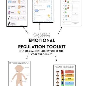 May include: An emotional regulation toolkit featuring five educational charts: Coping Strategies, My Reset Plan, Weekly Tracker, My Feeling Signs, and a Feelings Thermometer. The documents include text, colorful icons, and diagrams for children.