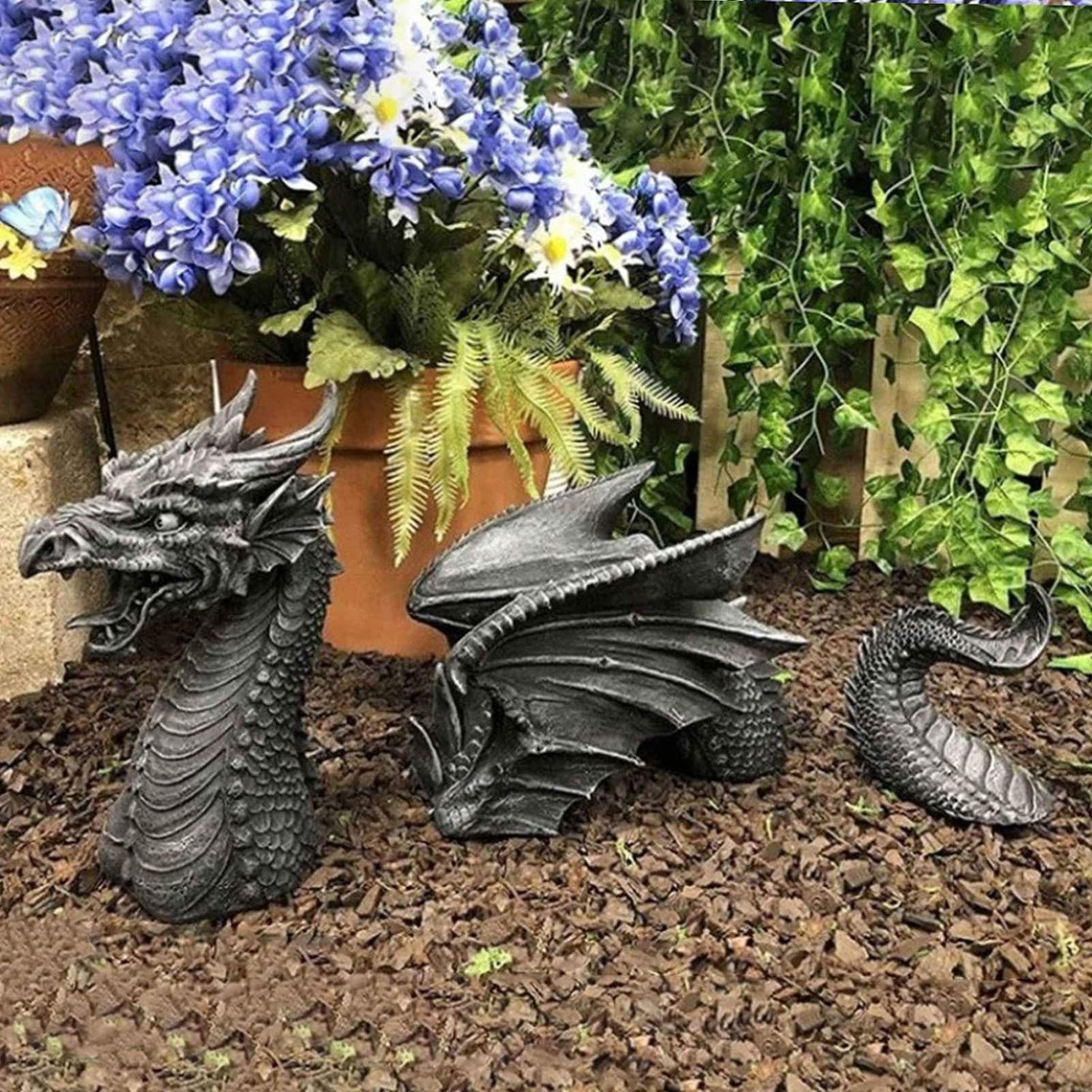 Resin Dragon Garden Decor Statue Threesection Flying Dragon Etsy