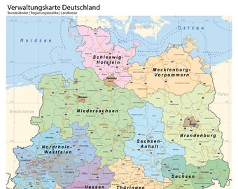 Political administrative map of Germany with federal states, administrative districts, counties, poster, (70 cm x 100 cm), learning poster