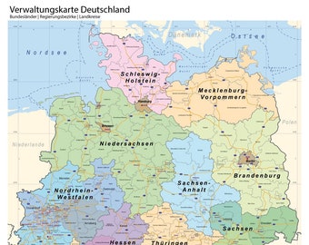 Politische Verwaltungskartevon Deutschland mit Bundesländer, Regierungsbezirke, Landkreise, Poster, (70 cm X 100 cm), Lernposter