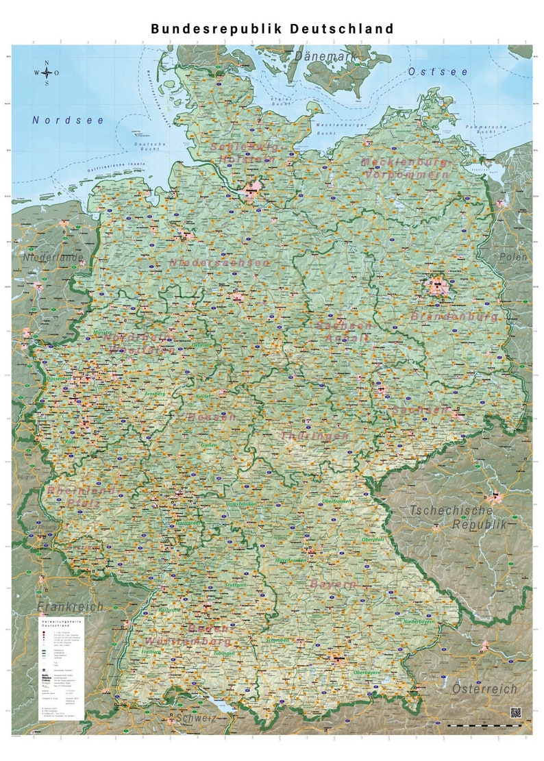 May include: A detailed map of Germany, showing the country's borders, major cities, and state boundaries. The map is labeled in German, with the title "Bundesrepublik Deutschland" at the top.