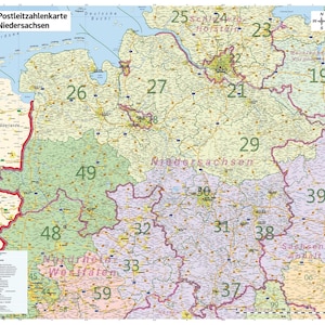 XL Postleitzahlenkarte von Niedersachsen mit Laminierung, 110 x 100 cm, Wandkarte